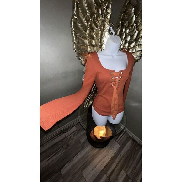 Free People Burnt Orange Lace Up Satin Ribbon Front Long Sleeve Top, Size Xsmall - Picture 7 of 13